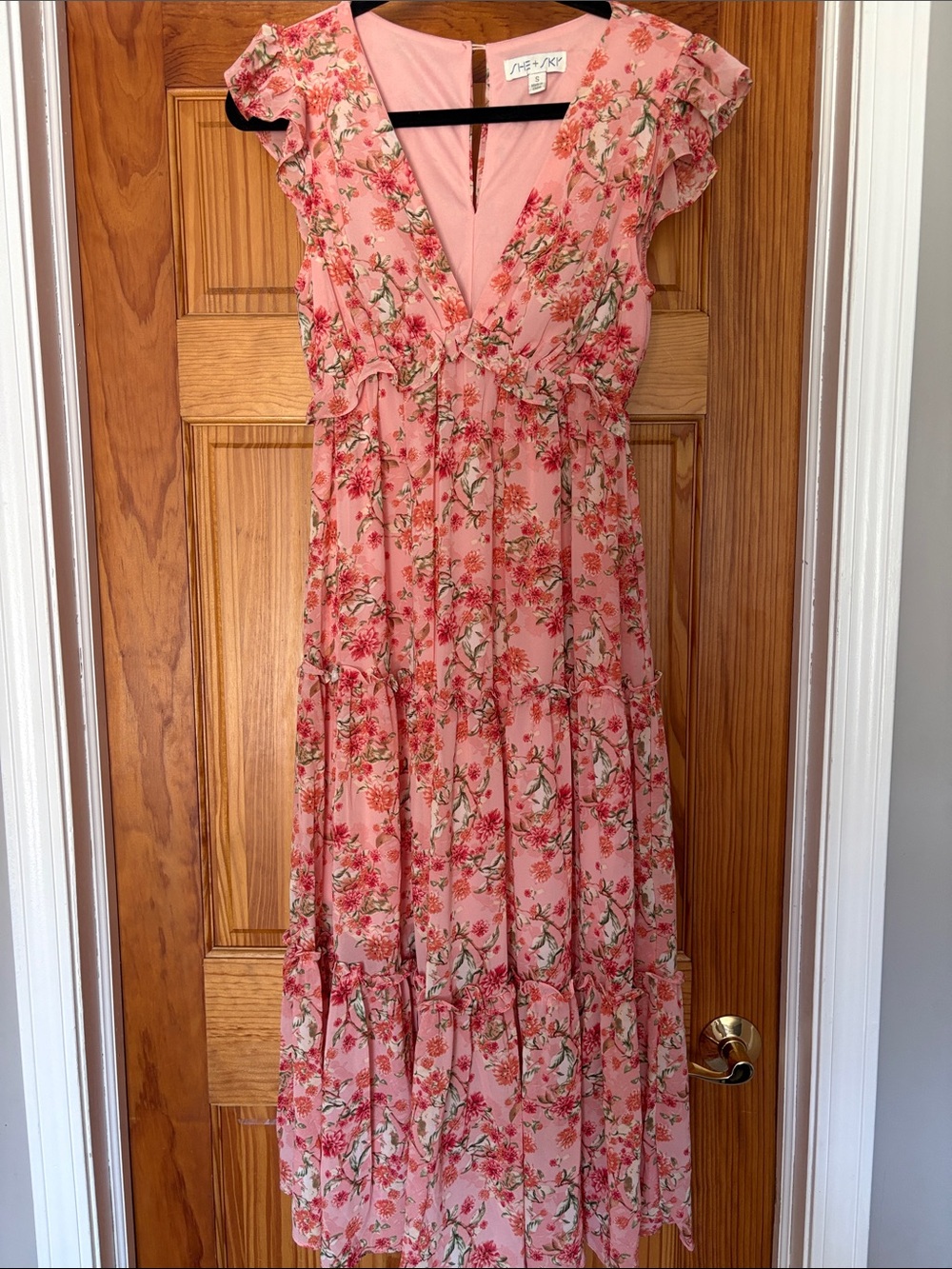 Pink Floral Maxi Dress with Ruffle Sleeves